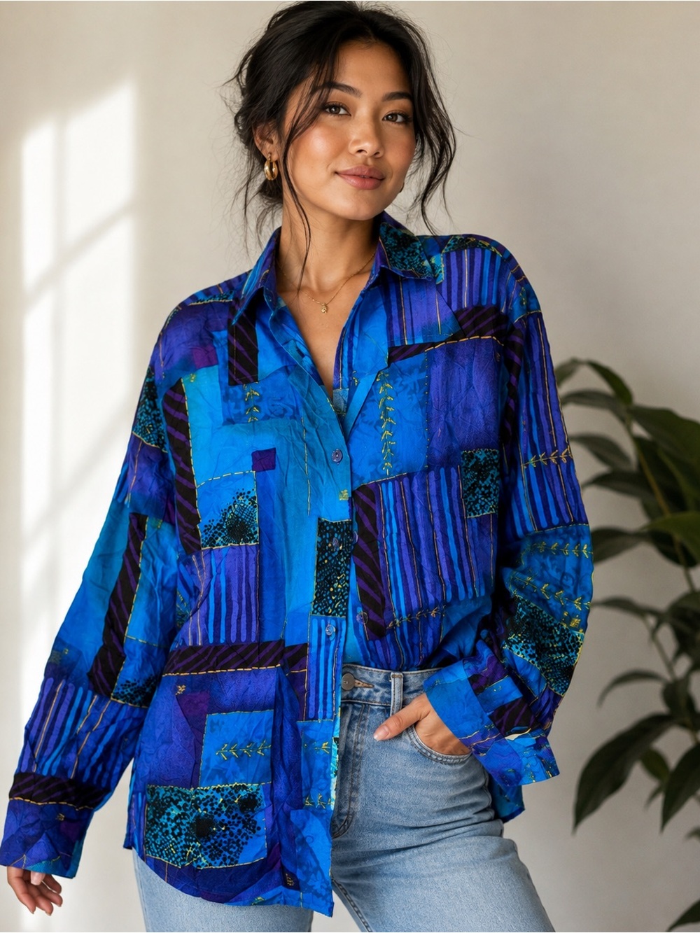 Blair Boutique Vintage Patchwork Button Down Shirt Blue Purple Size Large